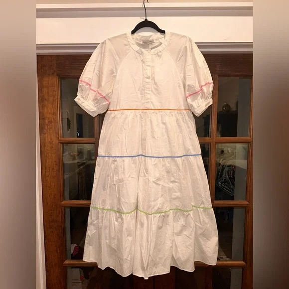 EUC Revolve English Factory Size XS Oversized White Midi Dress w Multicolor Trim - Picture 2 of 13